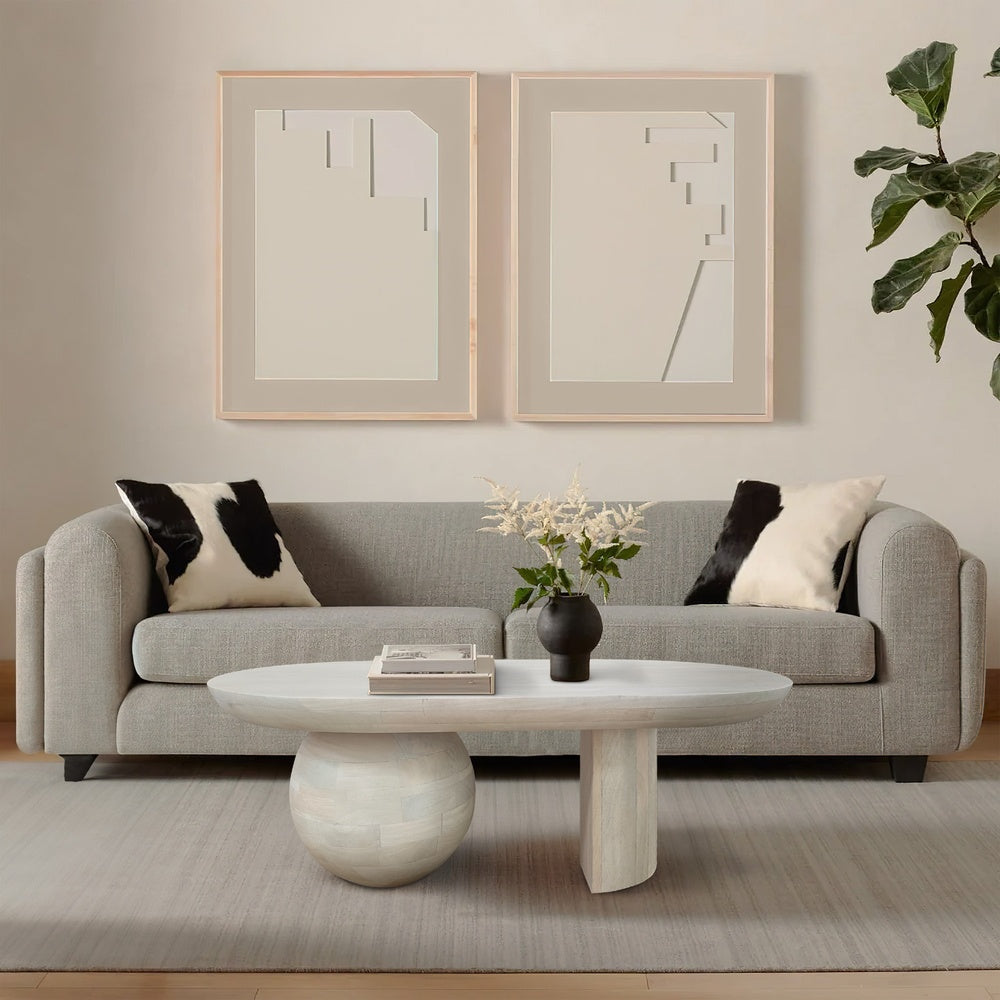 38 Inch Coffee Table, Oblong Mango Wood Top with a Modern Ball Leg, Washed White