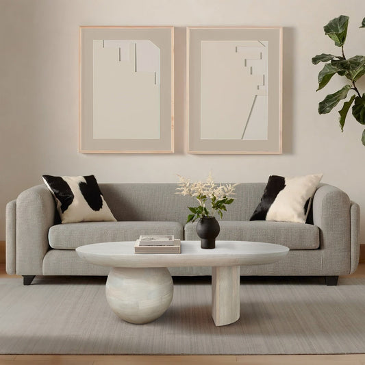 38 Inch Coffee Table, Oblong Mango Wood Top with a Modern Ball Leg, Washed White
