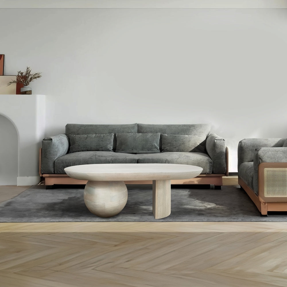 38 Inch Coffee Table, Oblong Mango Wood Top with a Modern Ball Leg, Washed White