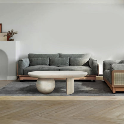 38 Inch Coffee Table, Oblong Mango Wood Top with a Modern Ball Leg, Washed White