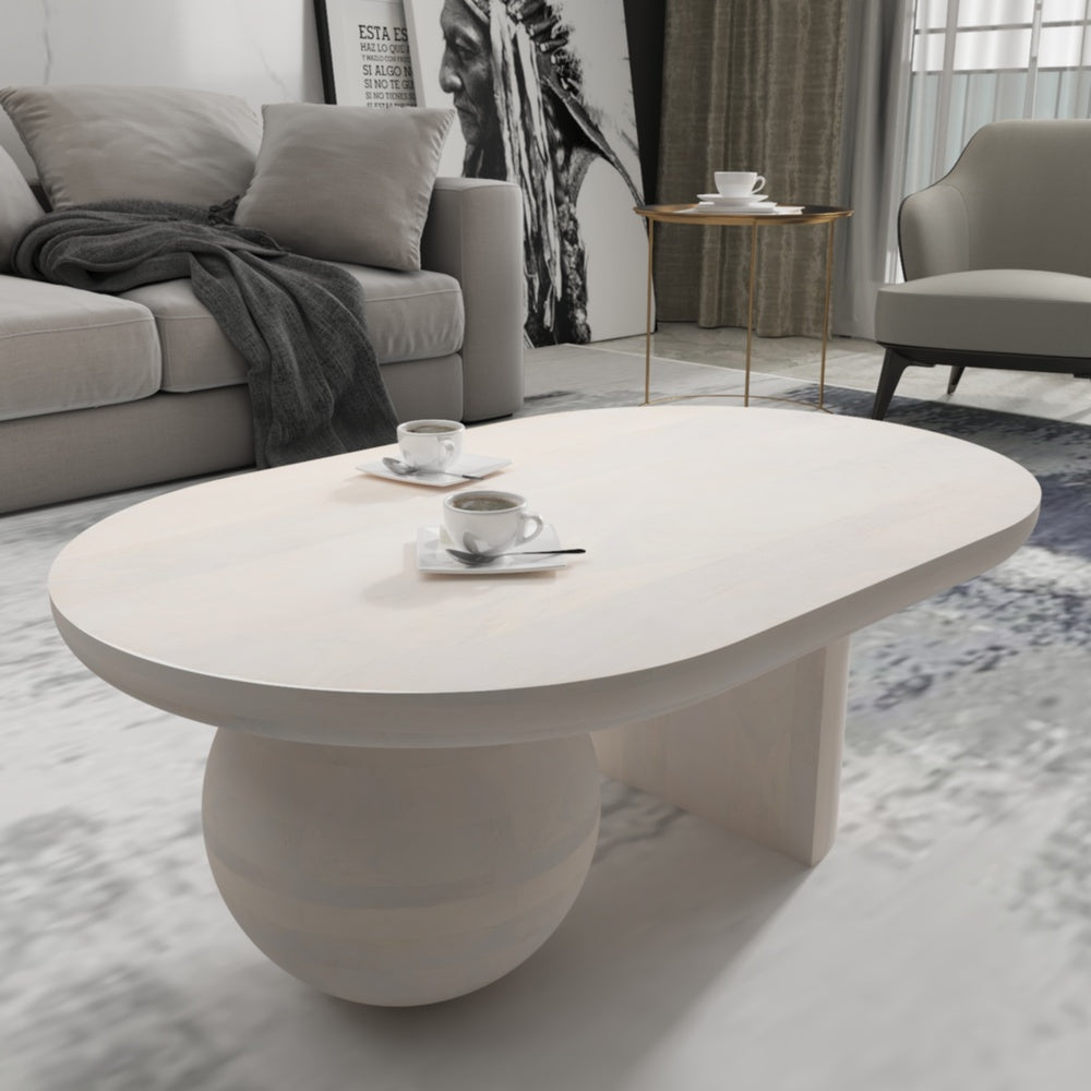 38 Inch Coffee Table, Oblong Mango Wood Top with a Modern Ball Leg, Washed White