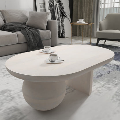 38 Inch Coffee Table, Oblong Mango Wood Top with a Modern Ball Leg, Washed White