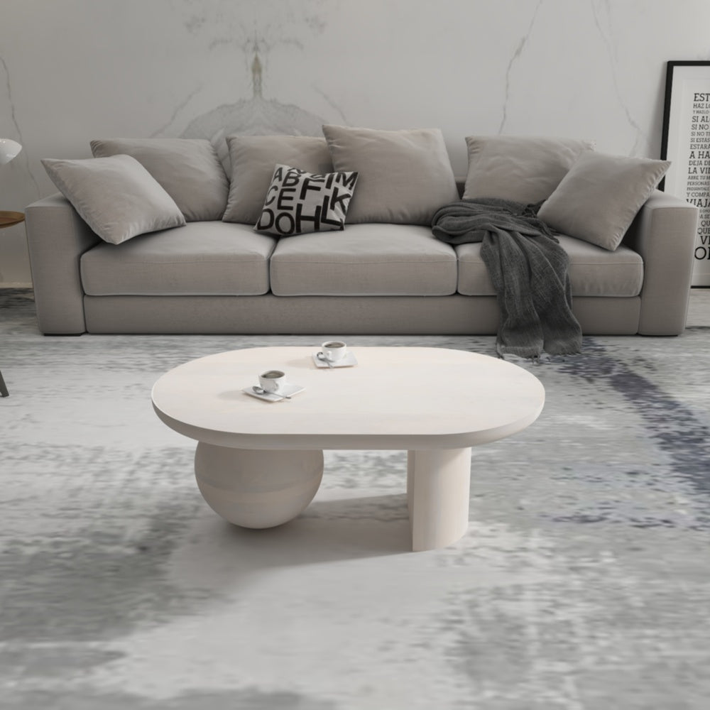 38 Inch Coffee Table, Oblong Mango Wood Top with a Modern Ball Leg, Washed White