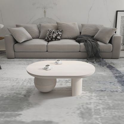 38 Inch Coffee Table, Oblong Mango Wood Top with a Modern Ball Leg, Washed White