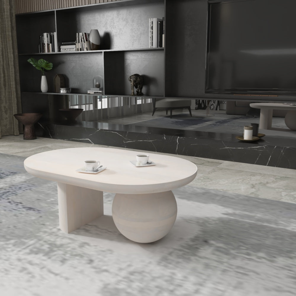 38 Inch Coffee Table, Oblong Mango Wood Top with a Modern Ball Leg, Washed White