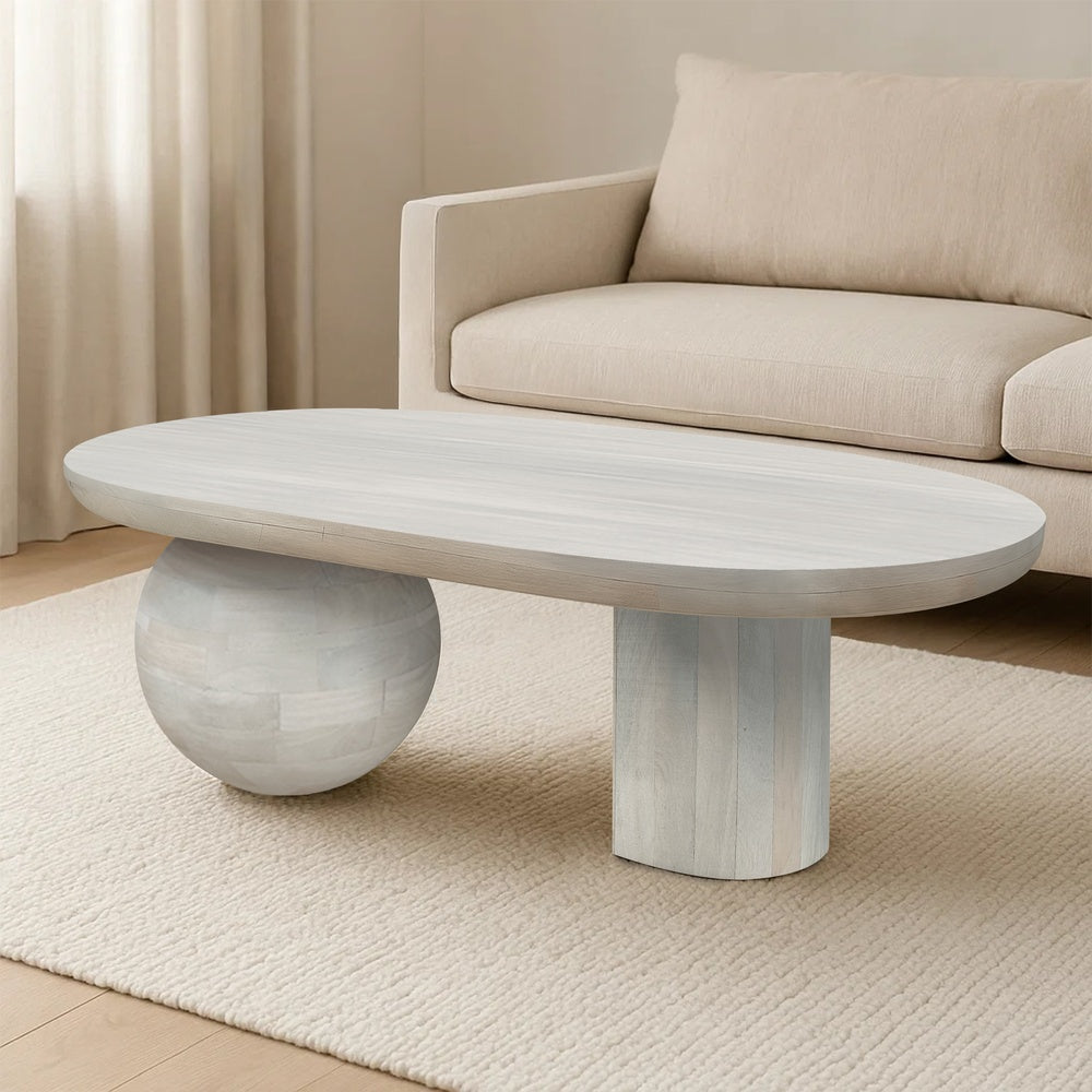 38 Inch Coffee Table, Oblong Mango Wood Top with a Modern Ball Leg, Washed White