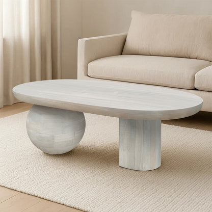 38 Inch Coffee Table, Oblong Mango Wood Top with a Modern Ball Leg, Washed White