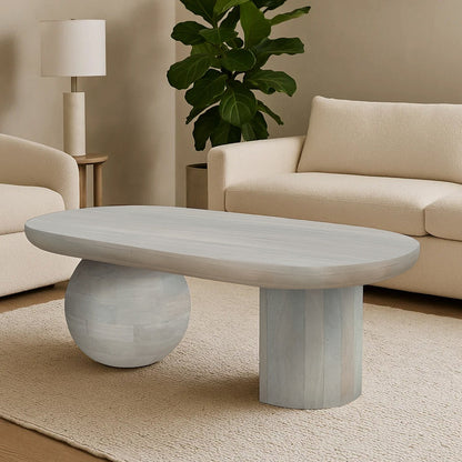 38 Inch Coffee Table, Oblong Mango Wood Top with a Modern Ball Leg, Washed White