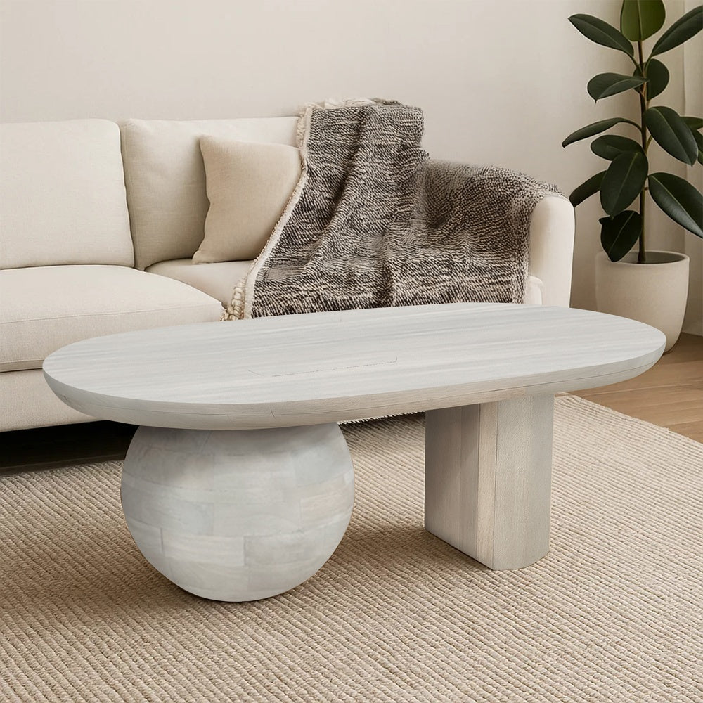 38 Inch Coffee Table, Oblong Mango Wood Top with a Modern Ball Leg, Washed White