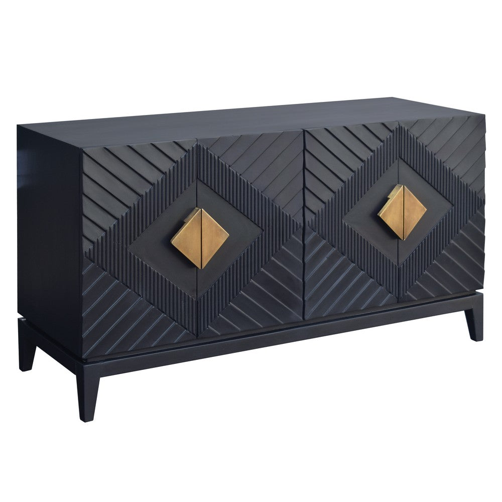 Abiel 55 Inch Sideboard Buffet Console with 2 Door Cabinet, Brass Coated Diamond Cut Handles, Matte Black Mango Wood