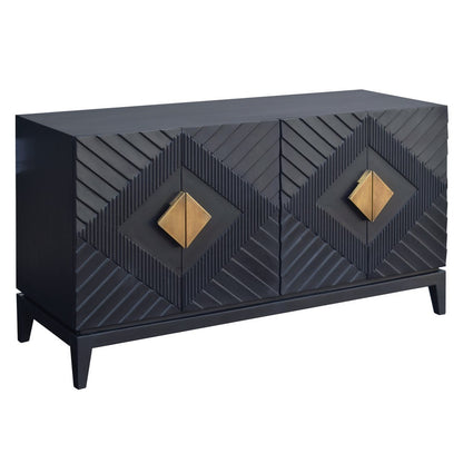 Abiel 55 Inch Sideboard Buffet Console with 2 Door Cabinet, Brass Coated Diamond Cut Handles, Matte Black Mango Wood