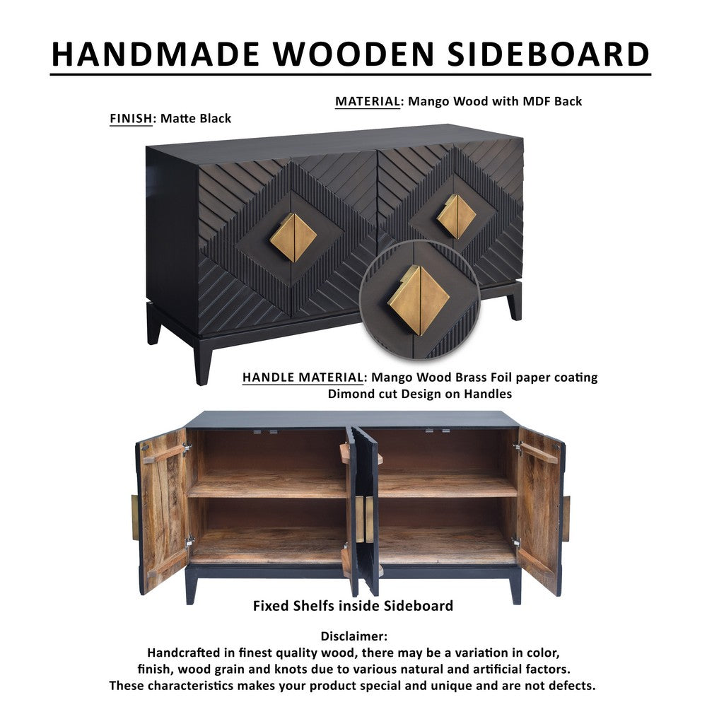 Abiel 55 Inch Sideboard Buffet Console with 2 Door Cabinet, Brass Coated Diamond Cut Handles, Matte Black Mango Wood
