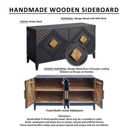 Abiel 55 Inch Sideboard Buffet Console with 2 Door Cabinet, Brass Coated Diamond Cut Handles, Matte Black Mango Wood