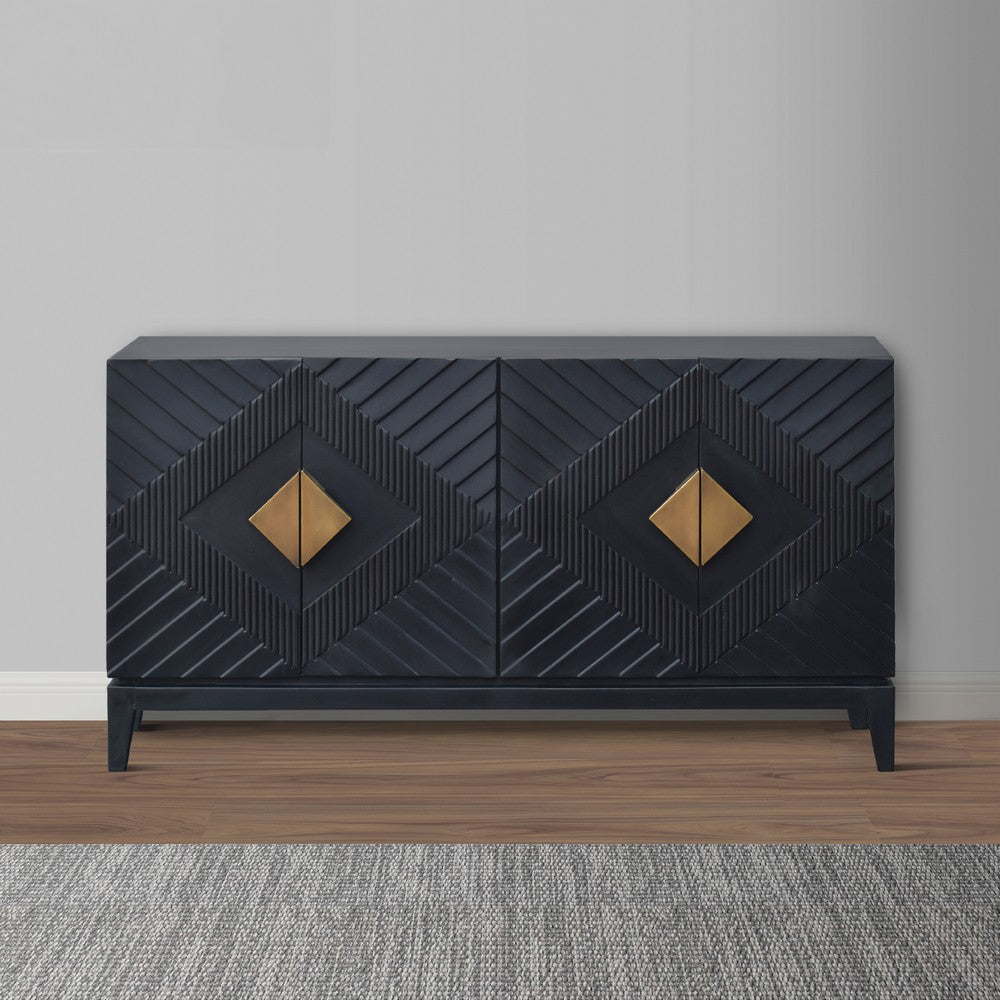 Abiel 55 Inch Sideboard Buffet Console with 2 Door Cabinet, Brass Coated Diamond Cut Handles, Matte Black Mango Wood