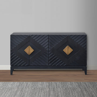 Abiel 55 Inch Sideboard Buffet Console with 2 Door Cabinet, Brass Coated Diamond Cut Handles, Matte Black Mango Wood