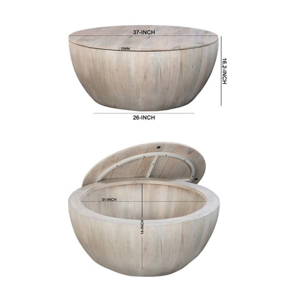 37 Inch Round Coffee Table, Handcrafted Drum Shape with Storage, Washed White Mango Wood
