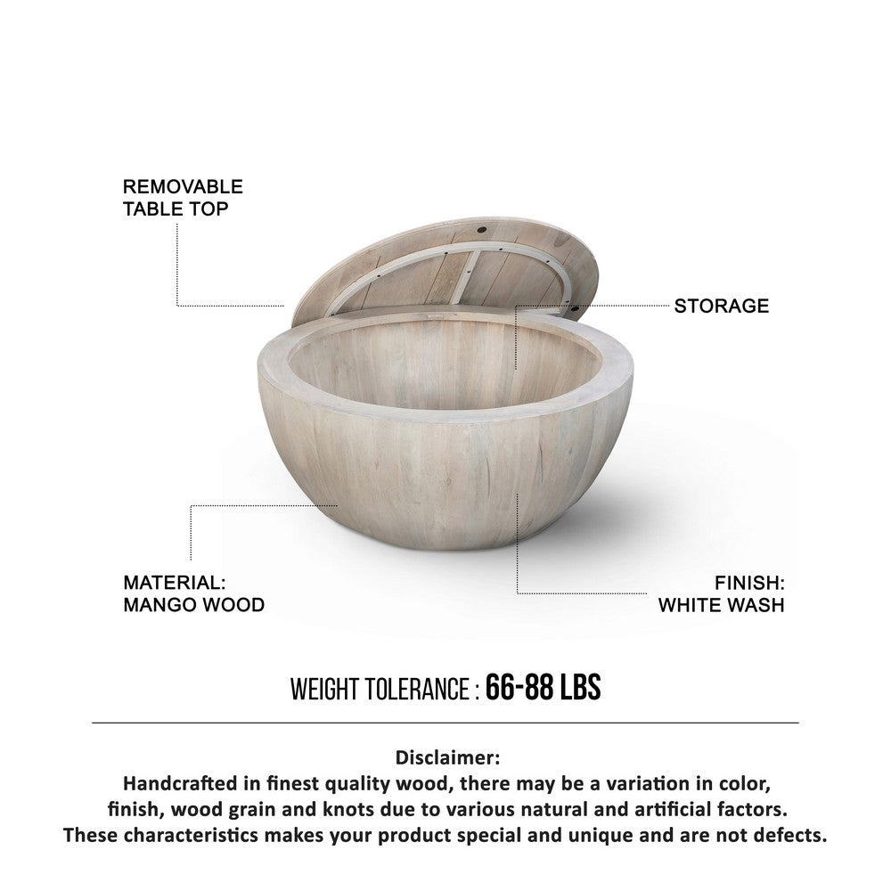 37 Inch Round Coffee Table, Handcrafted Drum Shape with Storage, Washed White Mango Wood