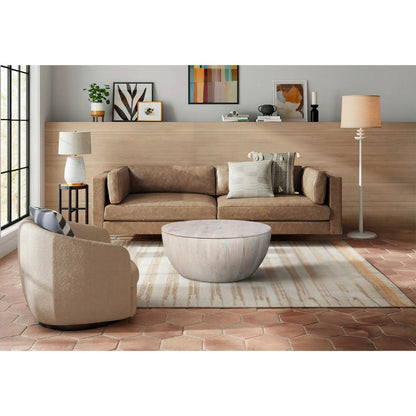37 Inch Round Coffee Table, Handcrafted Drum Shape with Storage, Washed White Mango Wood
