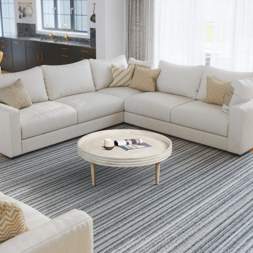 33 Inch Coffee Table, Solid Mango Wood, Handcrafted Round Grooved Raised Edge, Distressed White