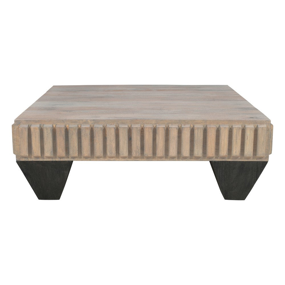 Tokyo Inspired 36 Inch Square Mango Wood Coffee Table - Handcrafted with Elegant Sandblasted Gray Finish and Tapered Legs