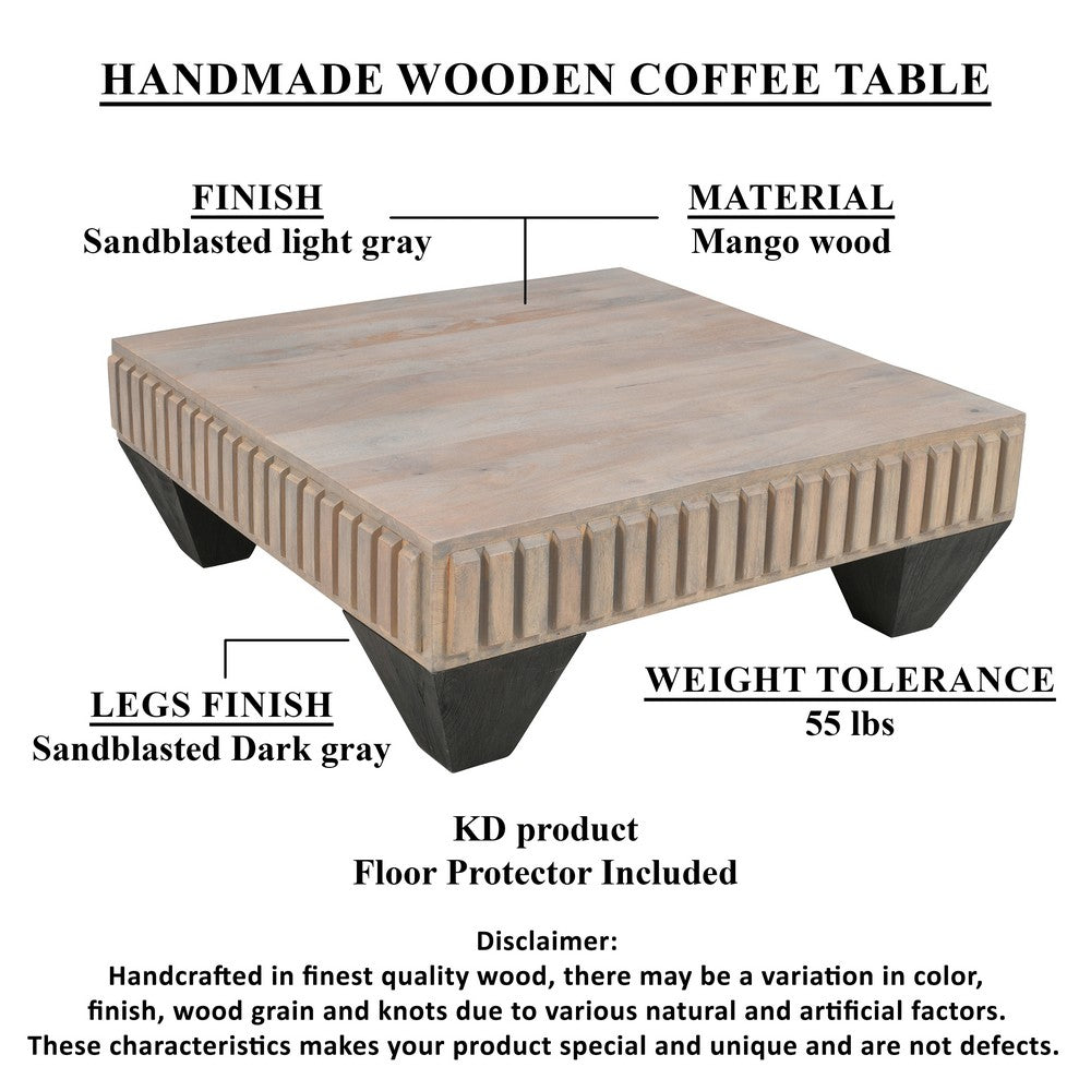 Tokyo Inspired 36 Inch Square Mango Wood Coffee Table - Handcrafted with Elegant Sandblasted Gray Finish and Tapered Legs