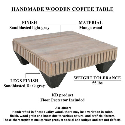 Tokyo Inspired 36 Inch Square Mango Wood Coffee Table - Handcrafted with Elegant Sandblasted Gray Finish and Tapered Legs