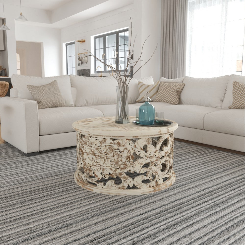 Alina Coffee Table Handcrafted Mango Wood Floral Carved Cut Out Design Distressed White Finish 33 Inch