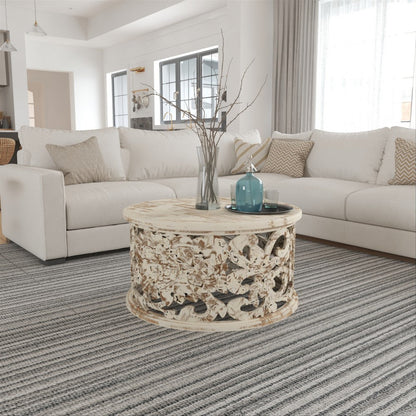 Alina Coffee Table Handcrafted Mango Wood Floral Carved Cut Out Design Distressed White Finish 33 Inch