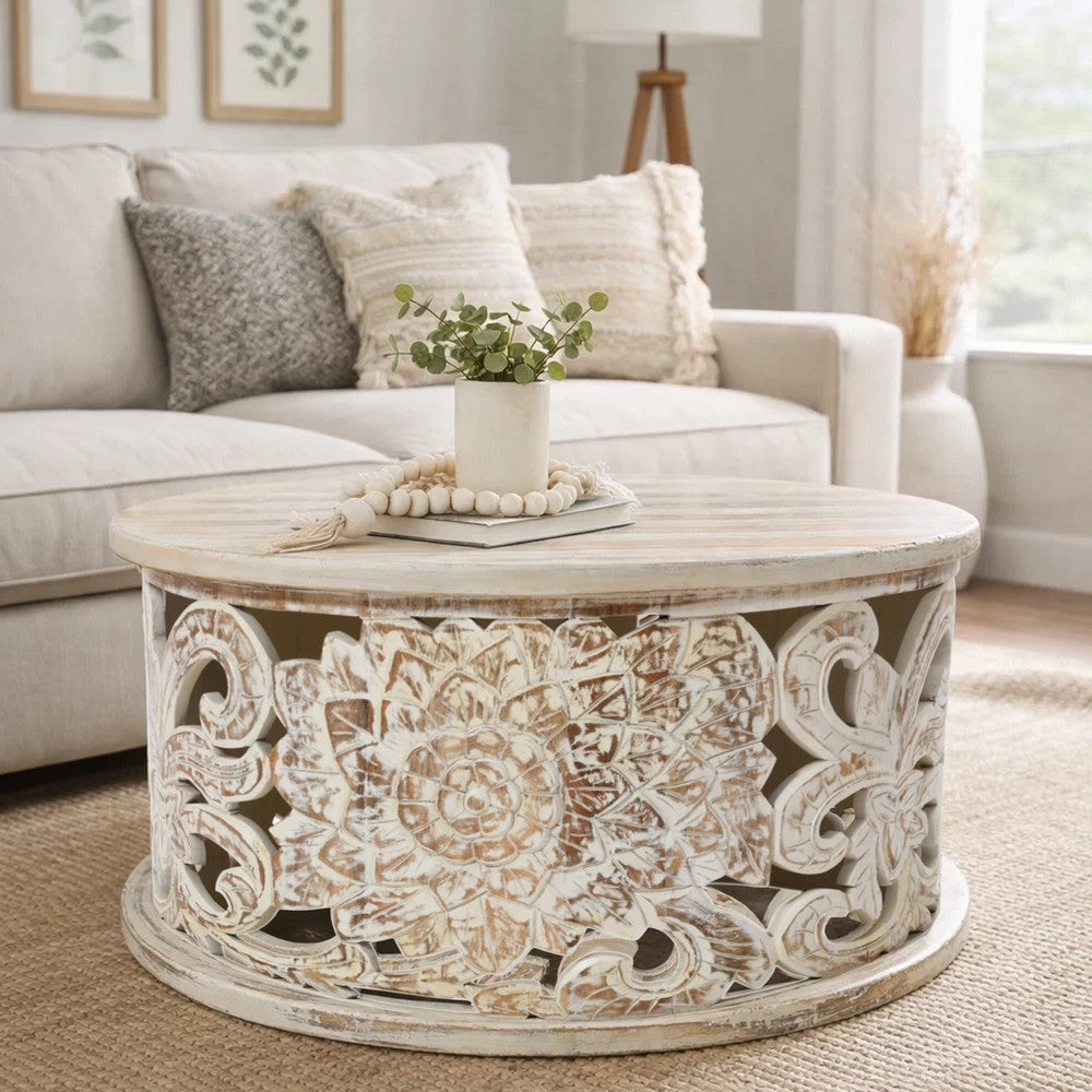 Alina Coffee Table Handcrafted Mango Wood Floral Carved Cut Out Design Distressed White Finish 33 Inch