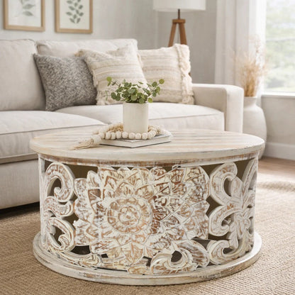 Alina Coffee Table Handcrafted Mango Wood Floral Carved Cut Out Design Distressed White Finish 33 Inch