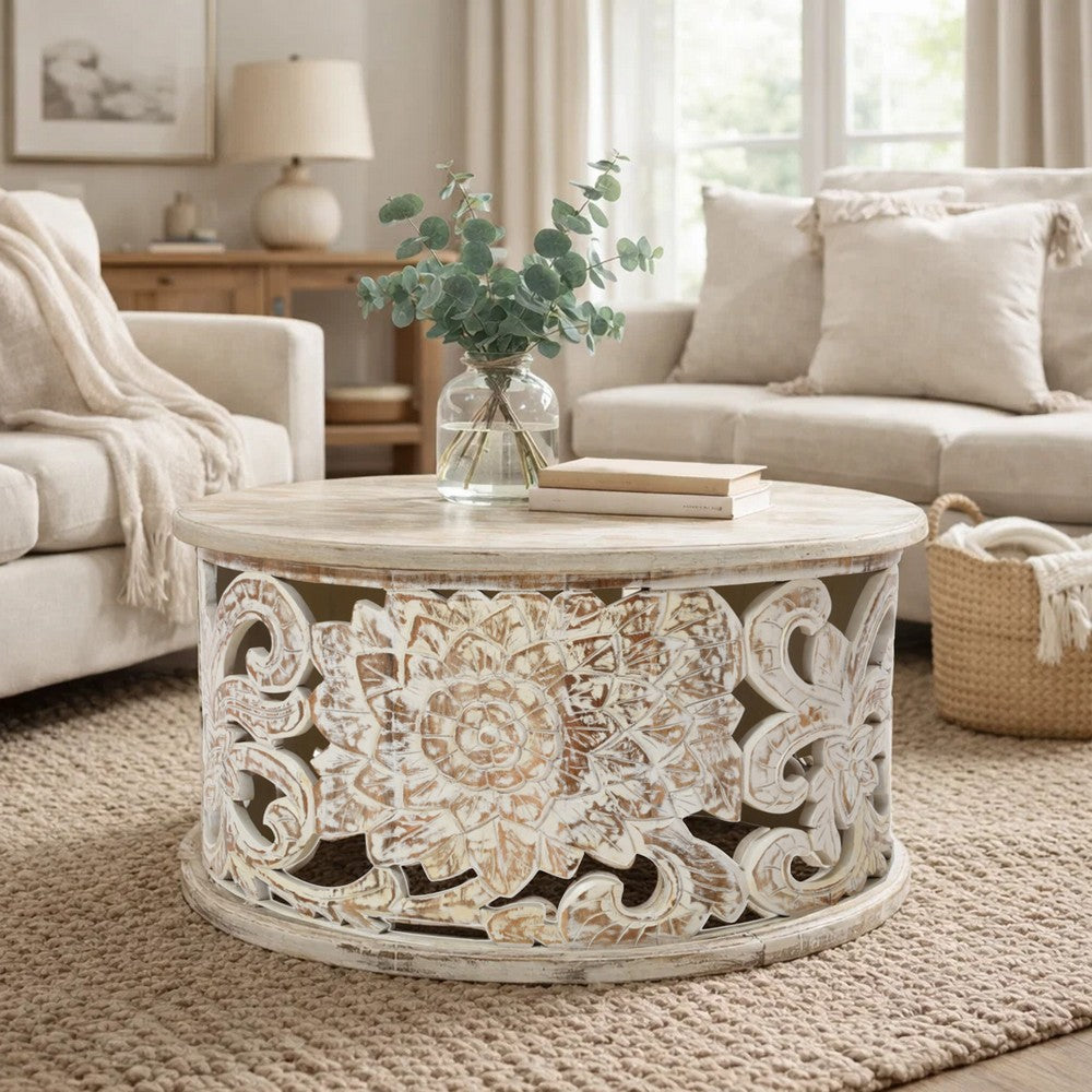 Alina Coffee Table Handcrafted Mango Wood Floral Carved Cut Out Design Distressed White Finish 33 Inch