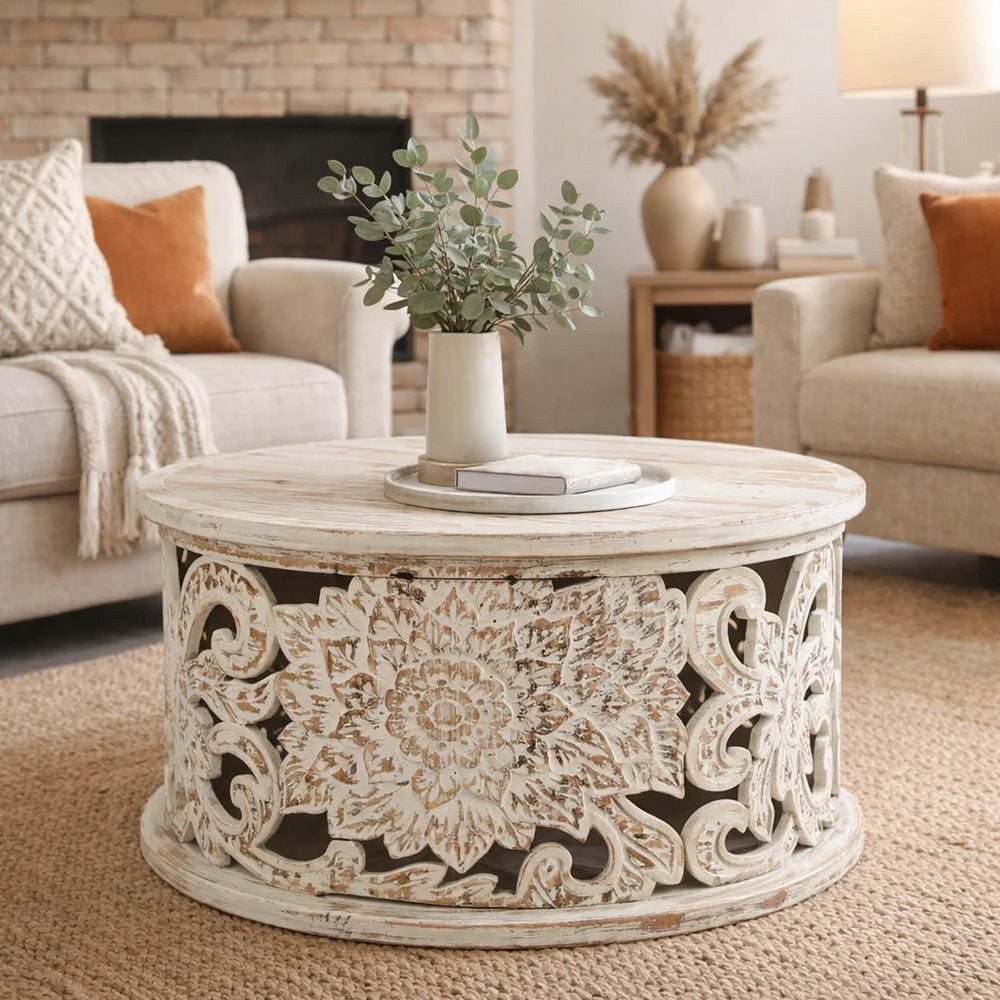 Alina Coffee Table Handcrafted Mango Wood Floral Carved Cut Out Design Distressed White Finish 33 Inch