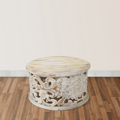 Alina Coffee Table Handcrafted Mango Wood Floral Carved Cut Out Design Distressed White Finish 33 Inch