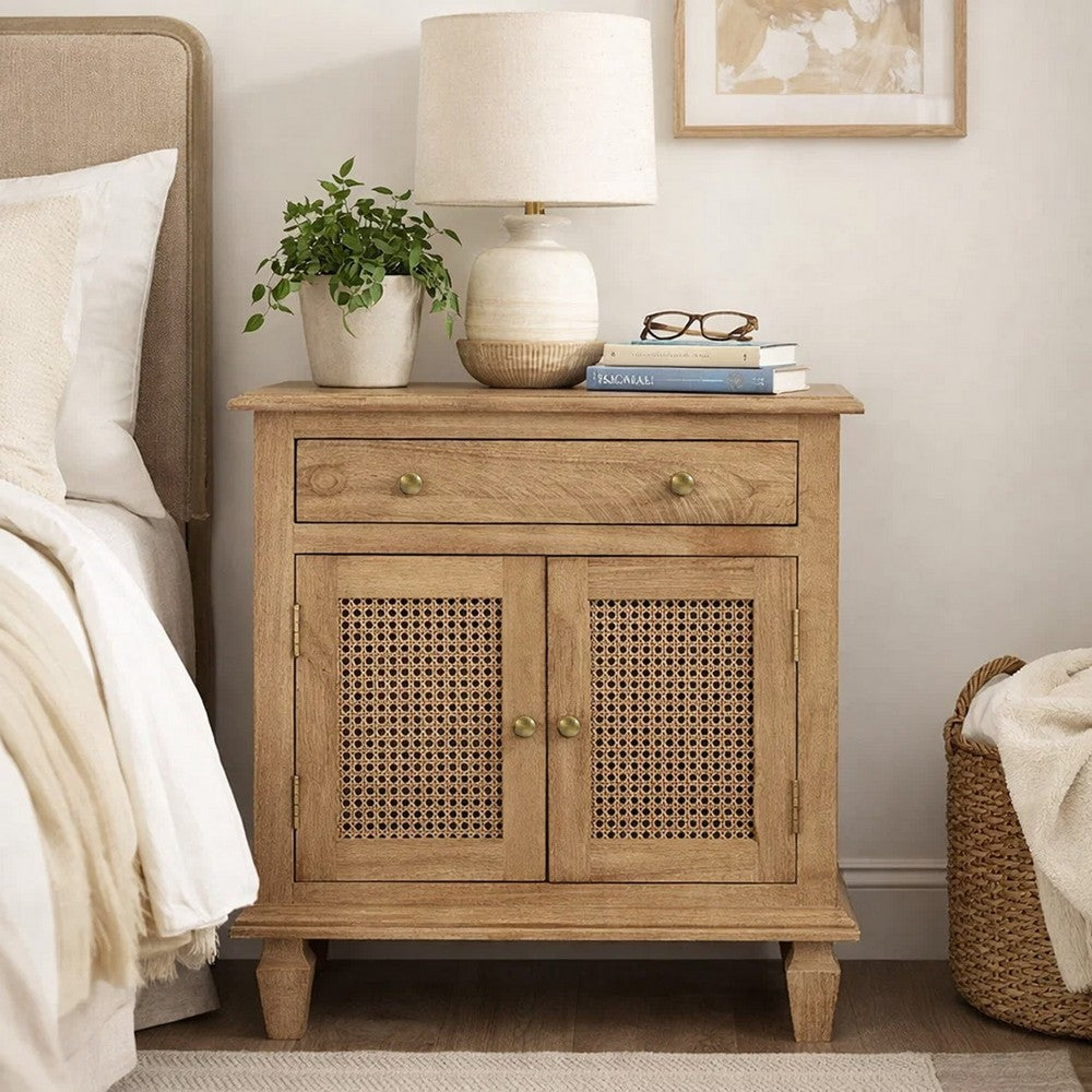 30 Inch Nightstand Table, Rattan Cabinet Doors and Drawer Fronts, Sandblasted Brown Mango Wood