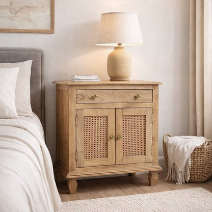 30 Inch Nightstand Table, Rattan Cabinet Doors and Drawer Fronts, Sandblasted Brown Mango Wood