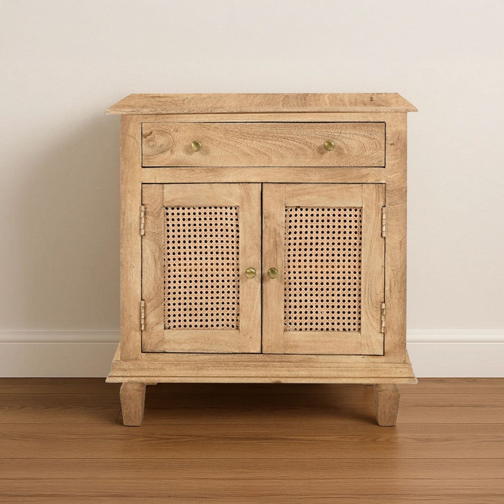 30 Inch Nightstand Table, Rattan Cabinet Doors and Drawer Fronts, Sandblasted Brown Mango Wood