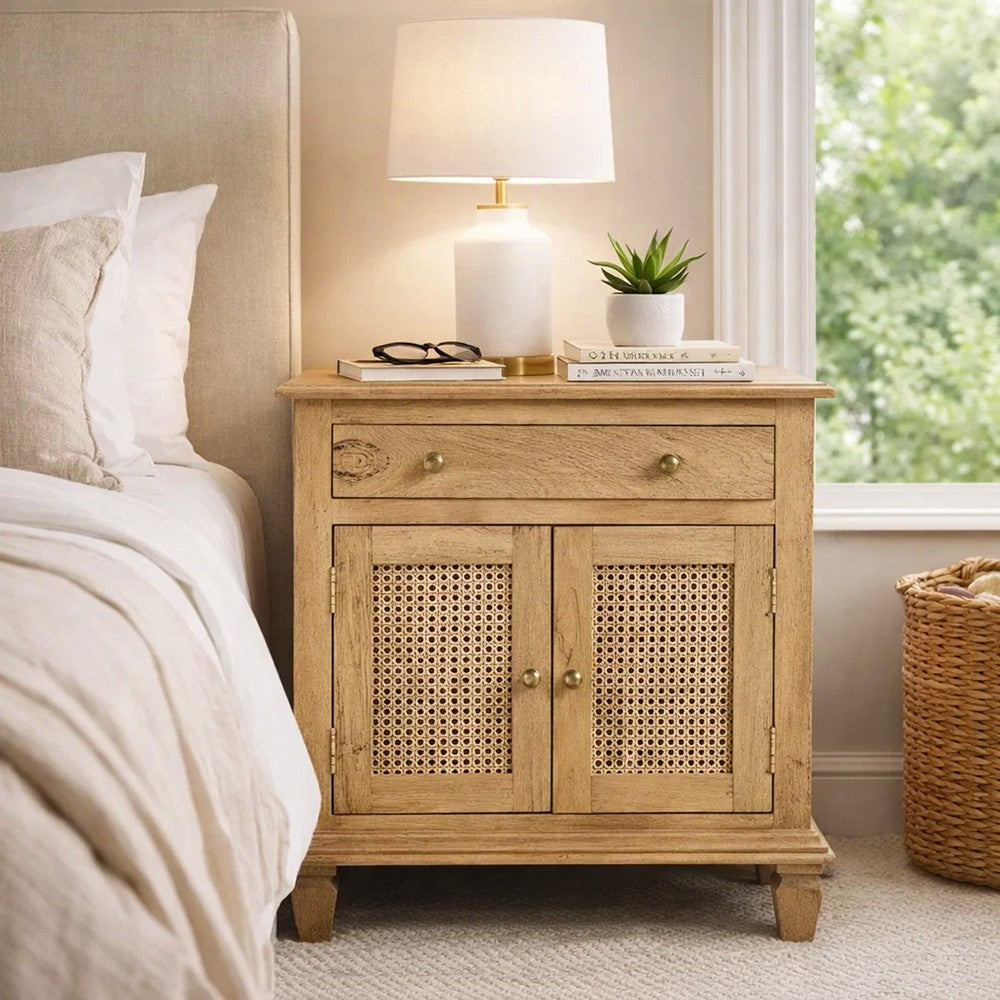 30 Inch Nightstand Table, Rattan Cabinet Doors and Drawer Fronts, Sandblasted Brown Mango Wood