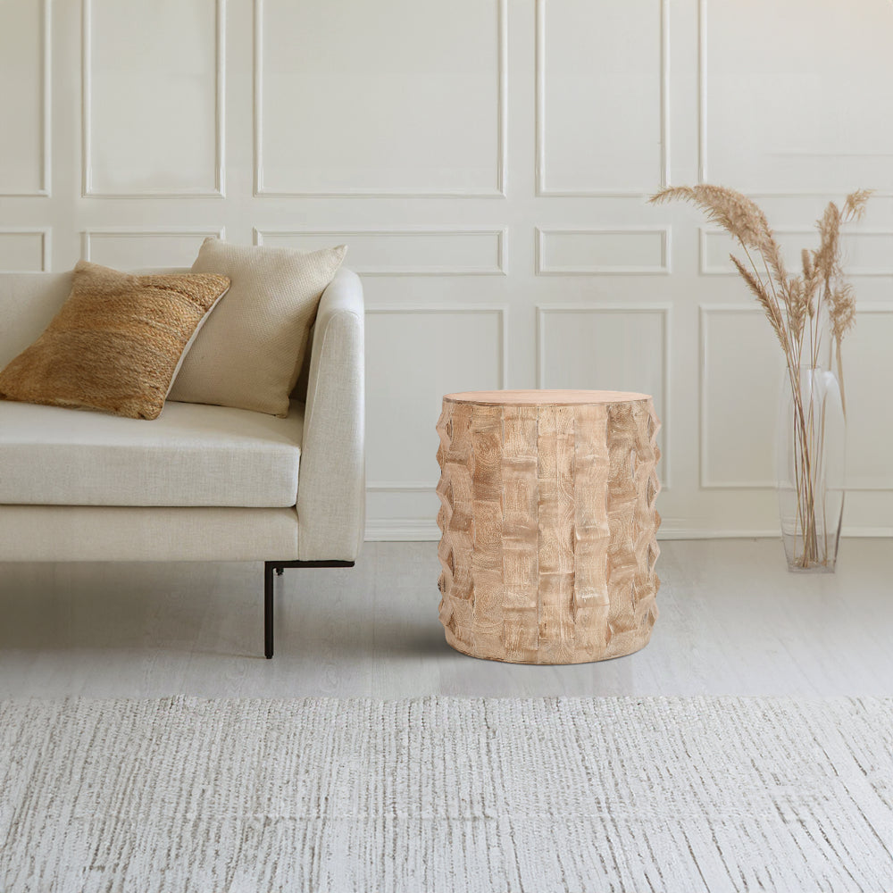 20 Inch Side End Table, Round Drum Shape with 3D Textured Design, Distressed White Finish