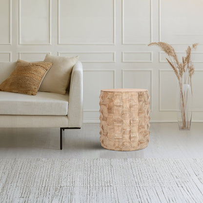 20 Inch Side End Table, Round Drum Shape with 3D Textured Design, Distressed White Finish