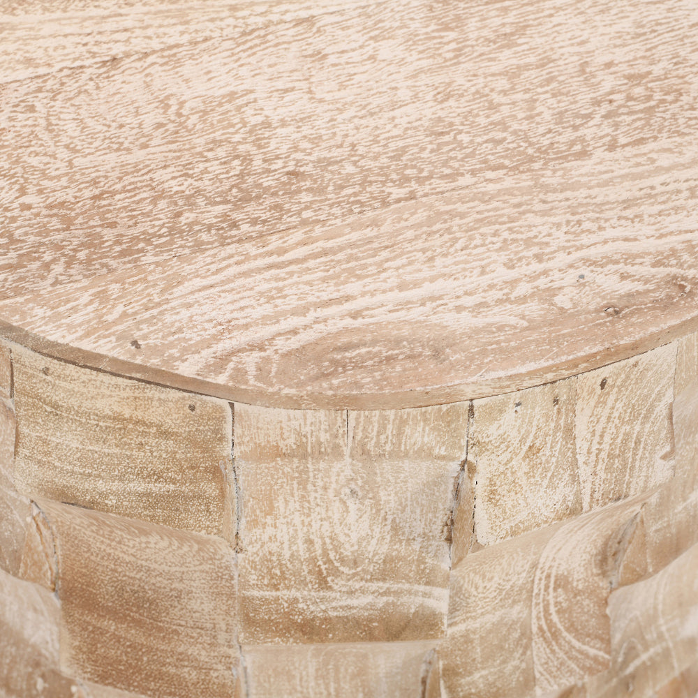 20 Inch Side End Table, Round Drum Shape with 3D Textured Design, Distressed White Finish
