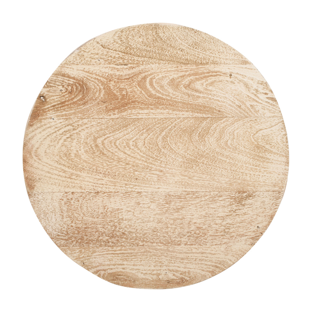20 Inch Side End Table, Round Drum Shape with 3D Textured Design, Distressed White Finish