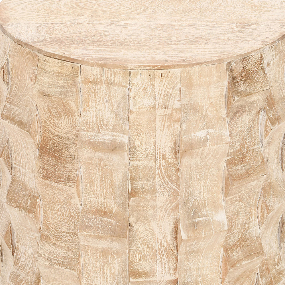 20 Inch Side End Table, Round Drum Shape with 3D Textured Design, Distressed White Finish