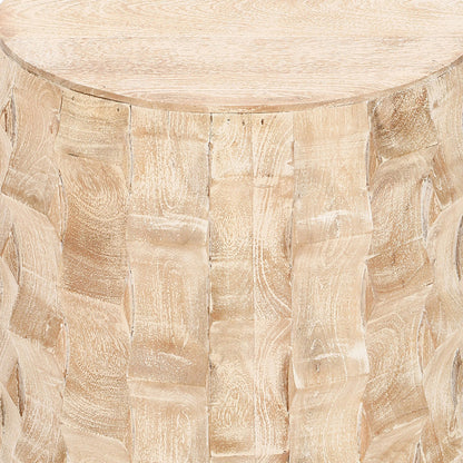 20 Inch Side End Table, Round Drum Shape with 3D Textured Design, Distressed White Finish