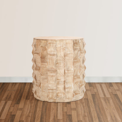 20 Inch Side End Table, Round Drum Shape with 3D Textured Design, Distressed White Finish