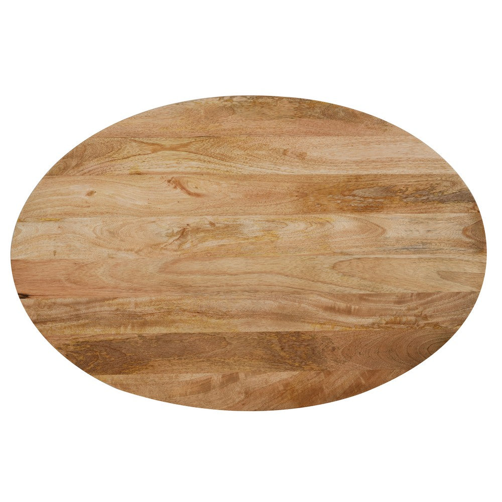 Muna Coffee Table, 36 Inch Oval Top, Handcrafted Mango Wood, Reeded Base with Hidden Storage, Natural Brown