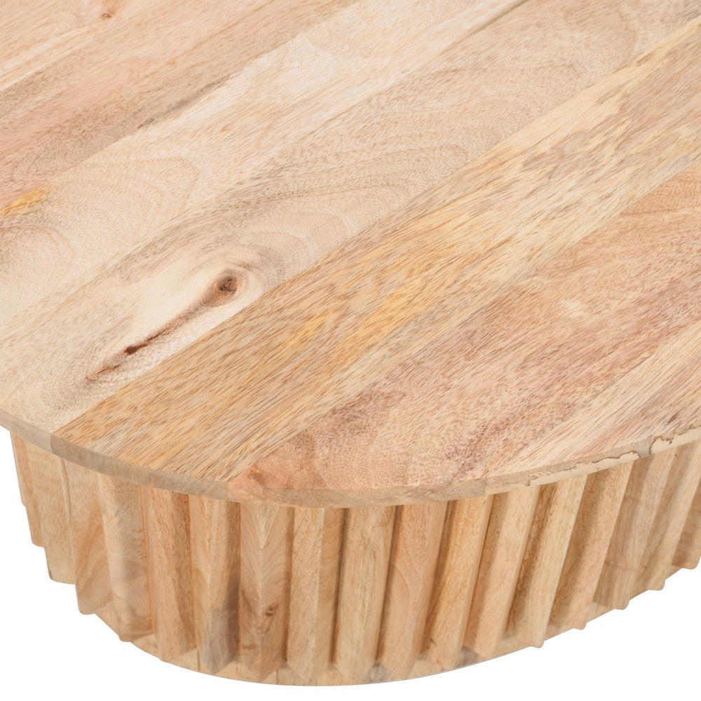 Muna Coffee Table, 36 Inch Oval Top, Handcrafted Mango Wood, Reeded Base with Hidden Storage, Natural Brown
