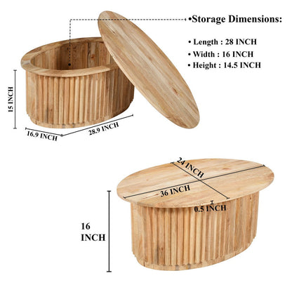 Muna Coffee Table, 36 Inch Oval Top, Handcrafted Mango Wood, Reeded Base with Hidden Storage, Natural Brown