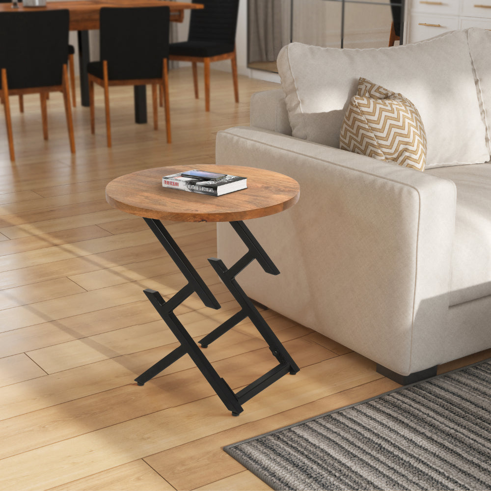 23 Inch Side End Table, Natural Brown Round Wood Top, Modern Black Angled Iron Legs