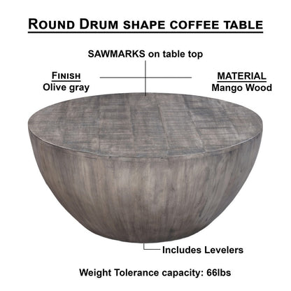 36 Inch Round Coffee Table, Handcrafted Drum Shape, Mango Wood with Olive Gray Finish