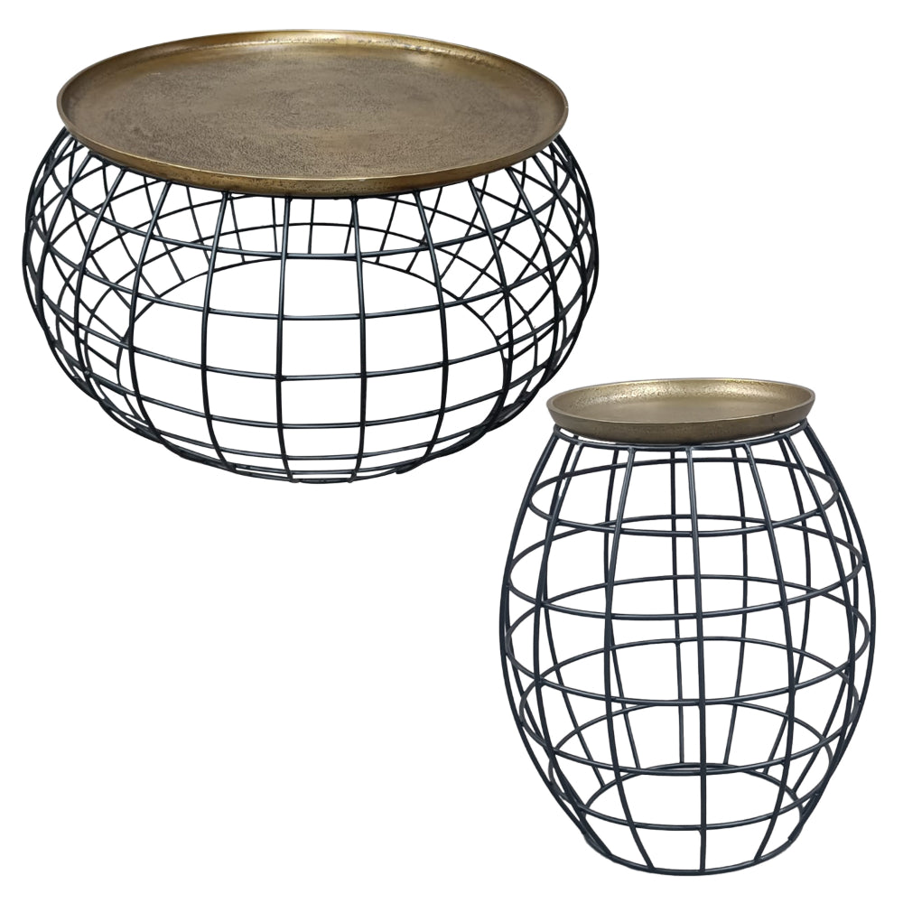 Milo 2-Piece Coffee Table and End Table Set - Round Antique Brass Tray Top with Curved Cage Design Black Iron Base